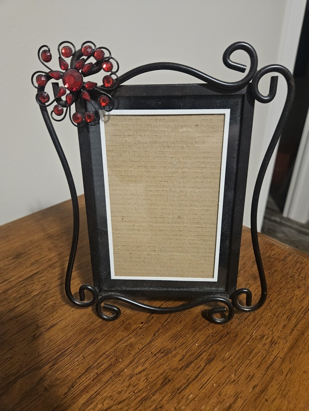 Decorative Black Metal Photo Frame with Red Gem Flower Accent
